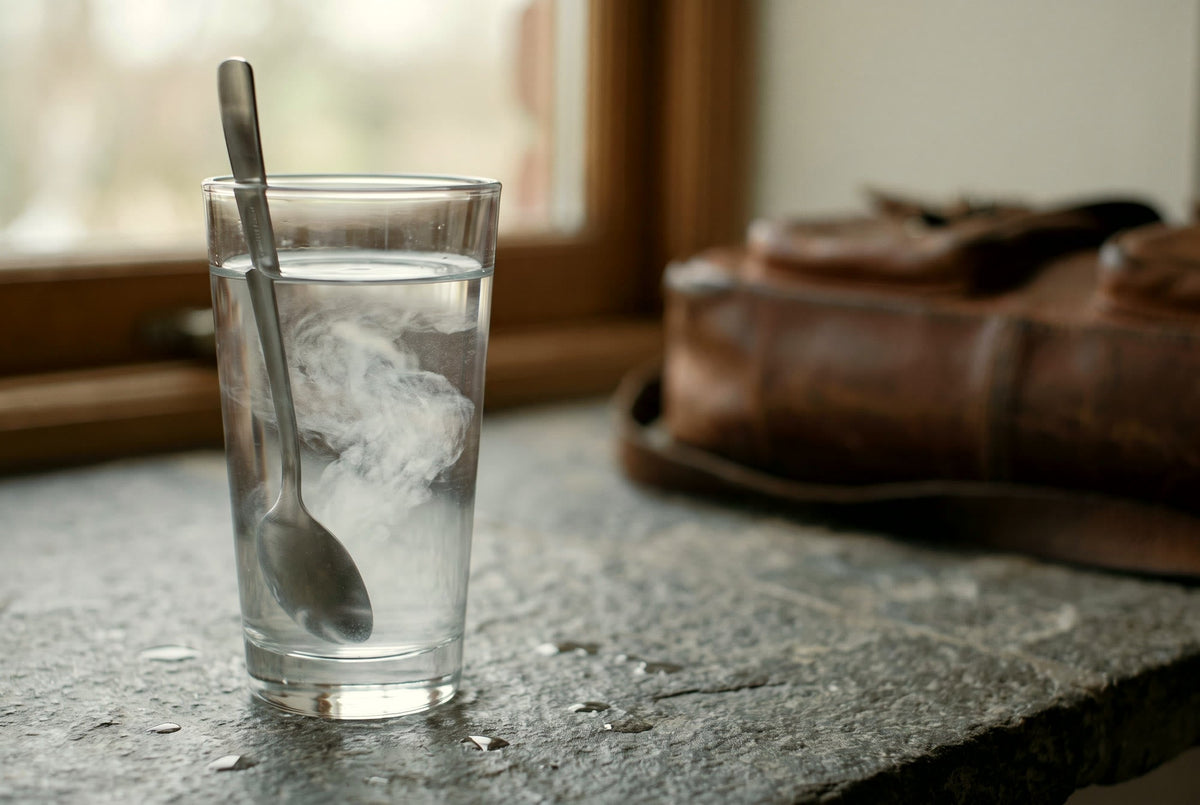 Een glas water met een lepeltje waarin fijn poeder oplost, op een stenen aanrecht met een leren tas op de achtergrond.