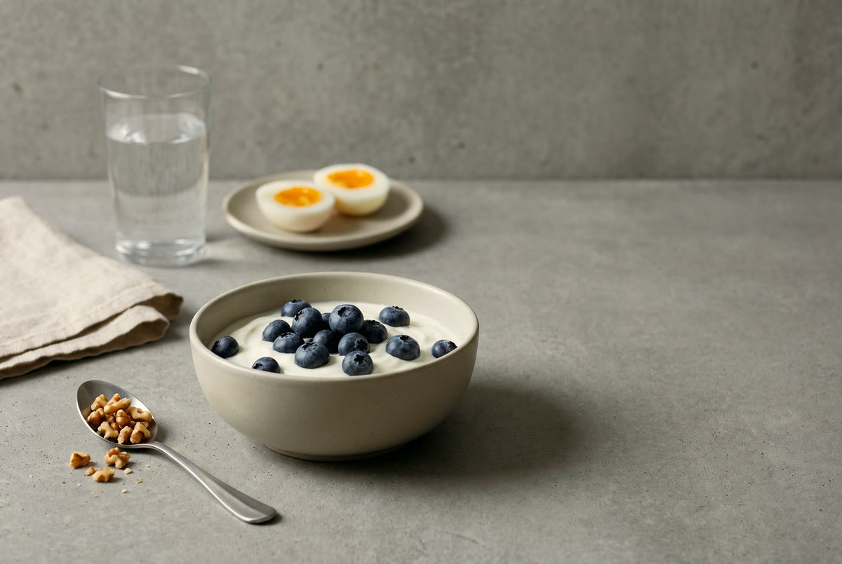 Een kom Griekse yoghurt met blauwe bessen en walnoten, twee halve zachtgekookte eieren en een glas water op een stenen aanrecht in ochtendlicht.