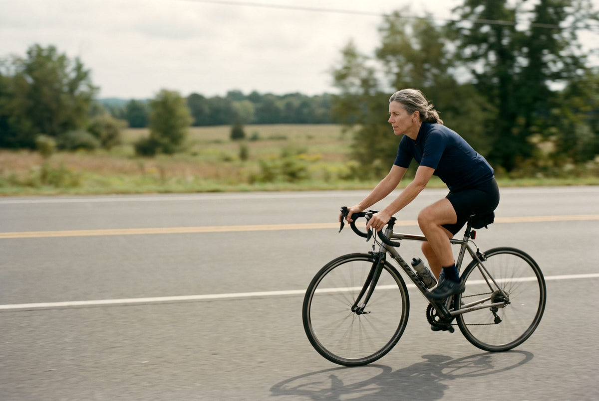 Een vrouw van begin vijftig rijdt op een racefiets over een vlakke polderweg onder een grote lucht.