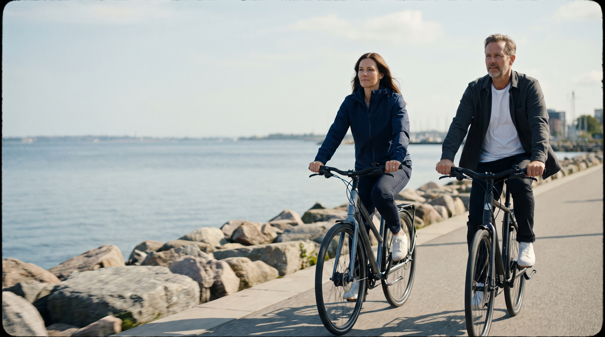 Een vrouw en een man van rond de vijfenveertig fietsen naast elkaar over een moderne kade langs het water in een Europese stad.